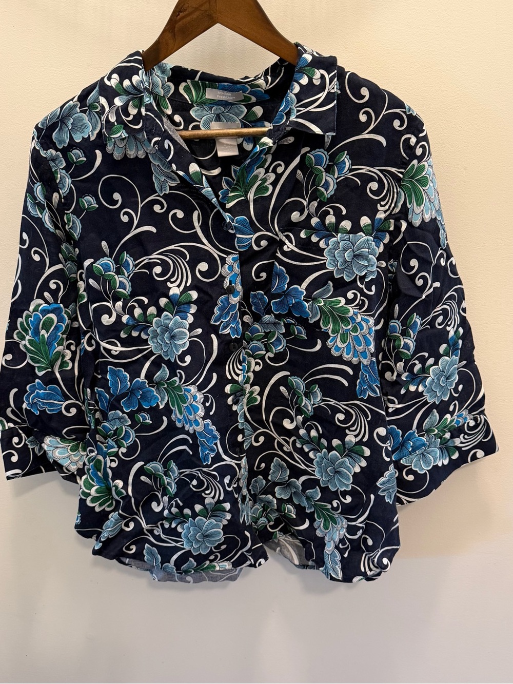 Chico's Button Down Shirt Women’s 2.5 L 14 100% Linen 3/4 Sleeve No-Iron Floral